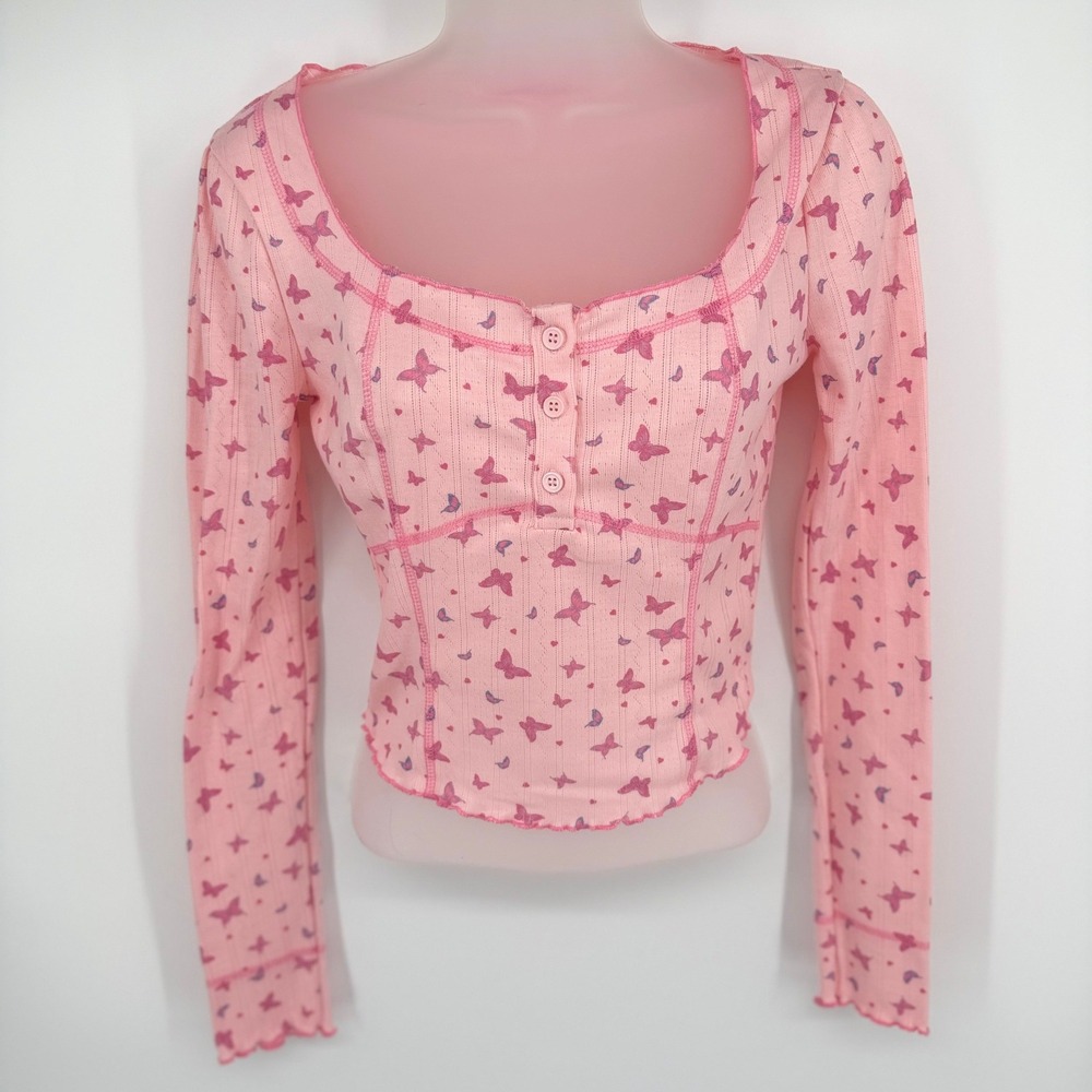 Dolls Kill Sugar Thrillz Butterfly Pointelle Top Women XS Pink Lettuce Hem Y2K